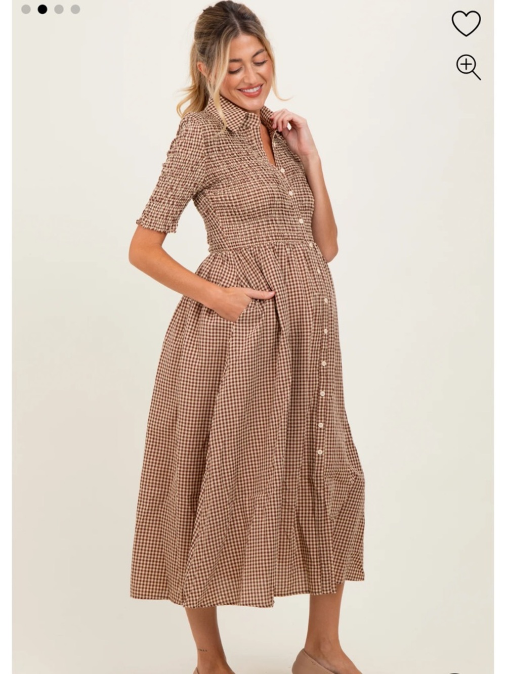 PinkBlush Mocha Gingham Smocked Button Down Maternity Midi Dress in Size S - Picture 2 of 10